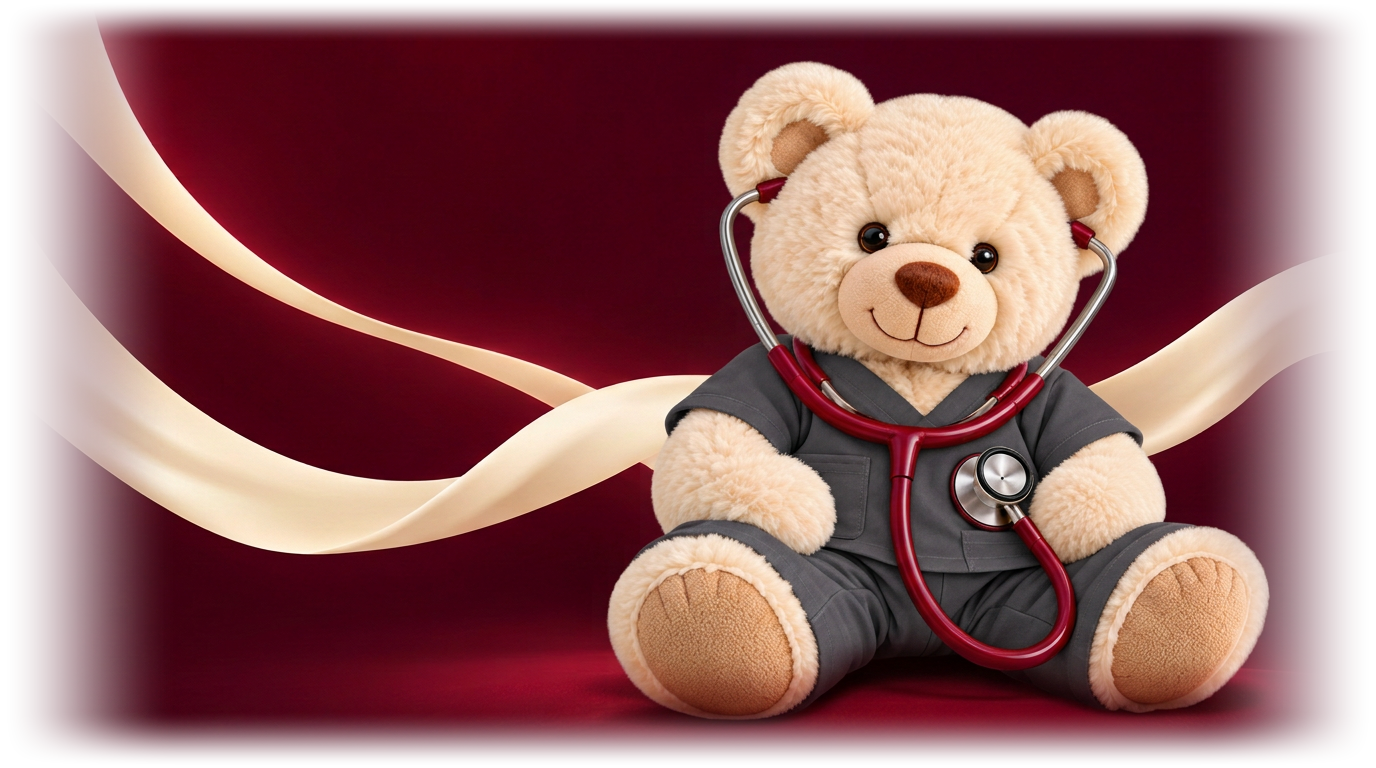 Tri-City Pediatric Cardiology teddy bear wearing a stethoscope against a maroon backdrop with cream ribbons